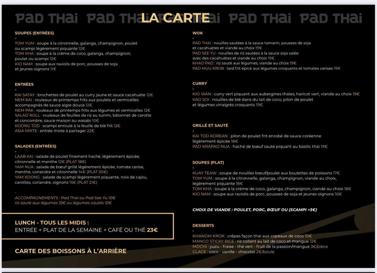 Menu du restaurant PAD THAI - Entrées, plats, desserts et boissons
